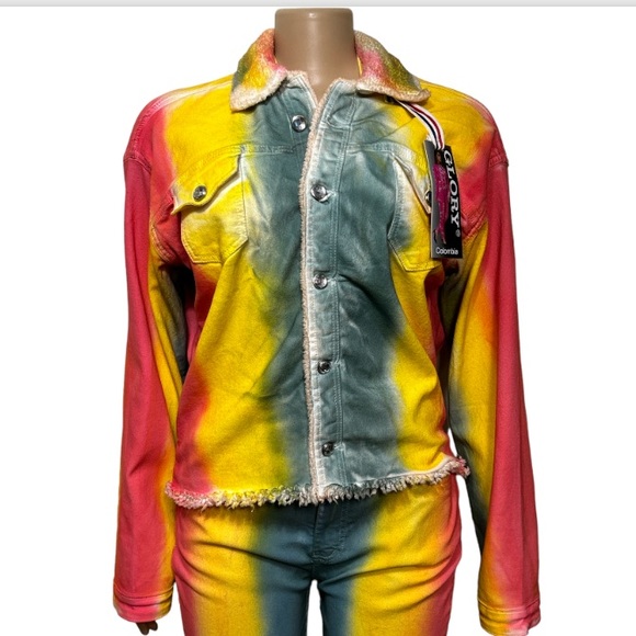 Glory Denim Trucker Jacket Tie Dye  sherpa lined fray hem stretch Size 2X Large - Picture 3 of 17